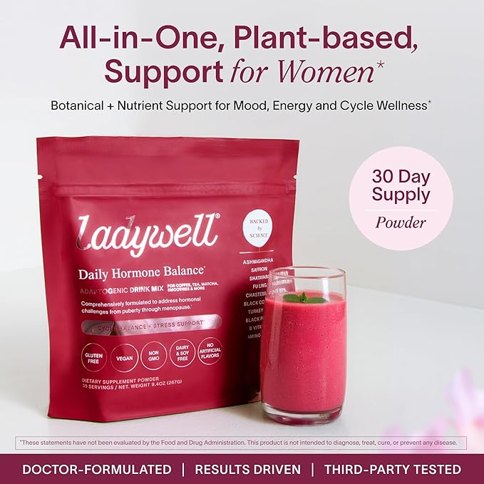 Ladywell Daily Hormone Balance Powder | Natural Cycle Support for Women | Supports Mood Bloating Cramps Skin Health &amp Cravings with Chasteberry B Vitamins Ashwagandha Saffron + | 30 Servings