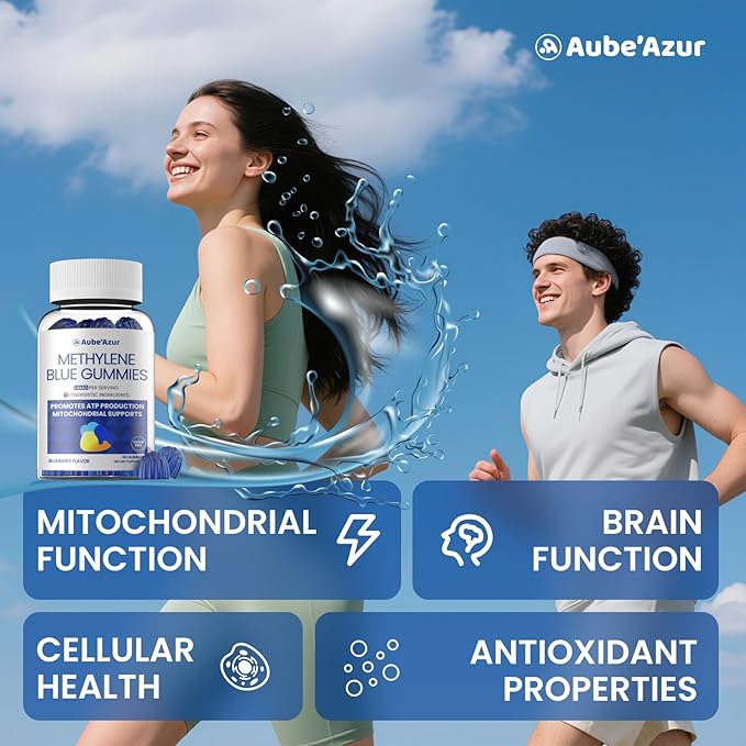 Aube'Azur Methylene Blue Gummies for Humans 14mg Methylene Blue Supplement with L-Theanine NAC Nicotinamide &amp CoQ10 for Men Women Fast-Absorbing Vegan Sugar-Free Blueberry Flavor 60 Count