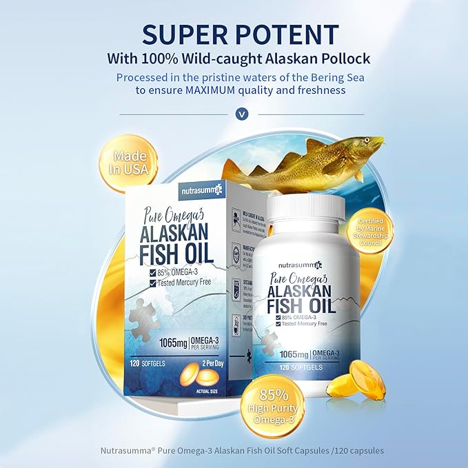 Nutrasumma High Purified Omega 3 Supplement Wild Alaskan Fish Oil Burpless &amp No Fishy Taste 650mg EPA &amp270mg DHA of 1250mg Fish Oil softgels Gluten Free Heart Brain&amp Immune Support 60