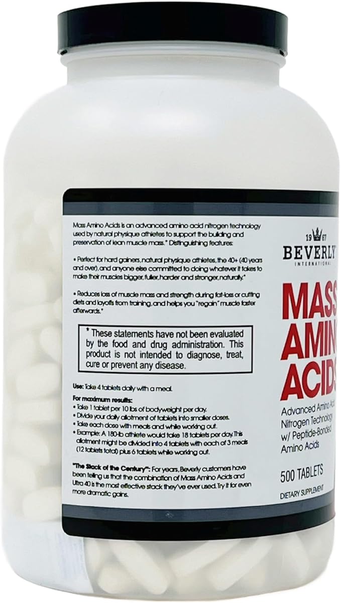 Beverly International Mass Amino Acids 500 Tabs. Use Pre-Post Workout with Meals Essential for Muscle Recovery and Repair. Complete Amino Acid Profile