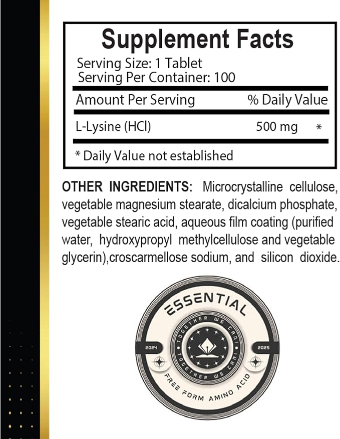L-LYSINE Supplement Amino ACIDS - Essential Amino Acid for Healthy nitrogen Balance Stress Management Lysine for Stronger Immune Health &amp Cold sores - 2 Bottles 200 Counts