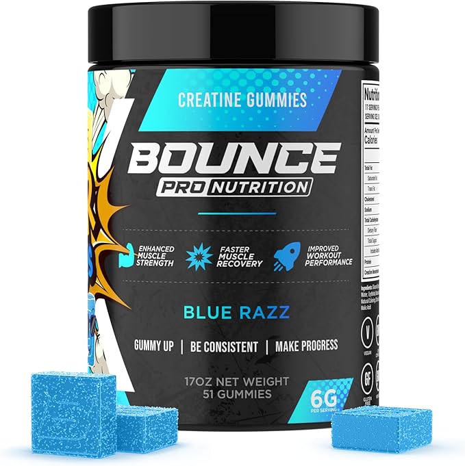 Bounce Pro Creatine Monohydrate Gummies for Men &amp Women Low Calorie 6G of Creatine per Serving Vegan Anti-Melting Gluten-Free Non-GMO 2g of Creatine per Gummy (51ct Blue Razz)