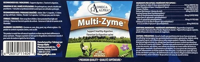 Omega Alpha Multi-Zyme Digestive Enzyme-180 Capsules