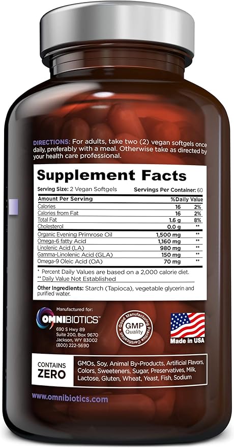 OmniBiotics Organic Evening Primrose Oil for Women – Clinical Strength 1500mg per Capsule 10% GLA Cold-Pressed Non-GMO Hormone Balance for Women – 120 Vegan Softgel Capsules