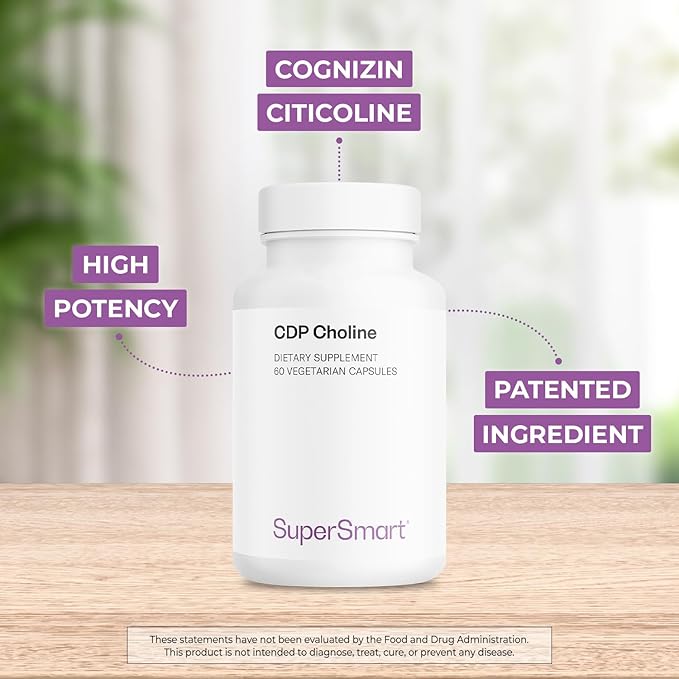 Supersmart - CDP Choline 1000mg per Day (Patented &amp High Dose) - Cognizin Citicoline Supplement | Non-GMO &amp Gluten Free - 60 Vegetarian Capsules