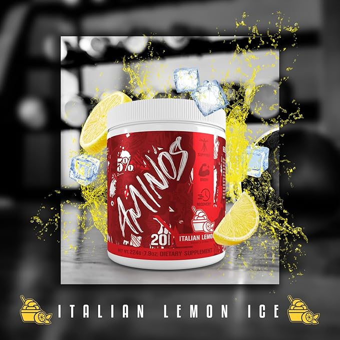5% Nutrition Code Red Aminos BCAA &amp EAA Post Workout Recovery Powder | Full Spectrum Essential Amino Acid Complex for Men &amp Women (Italian Lemon Ice)