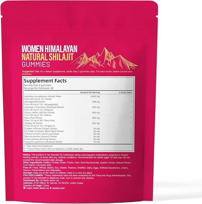 VivoNu Himalayan* Shilajit* Gummies with Ashwagandha* &amp Gokshura | 85+ Trace Minerals &amp Fulvic Acid | Organic Micronutrient Supplement for Men &amp Women (Women 4000mg / 2 Bag)
