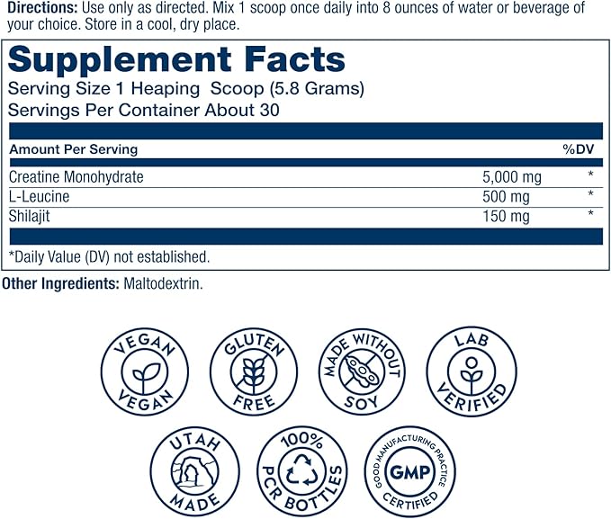 SOLARAY Creatine with Shilajit – Muscle Power and Growth Support with Creatine Monohydrate and L-Leucine Amino Acids – Unflavored Powder – Vegan Gluten Free – 30 Servings 6.1 OZ
