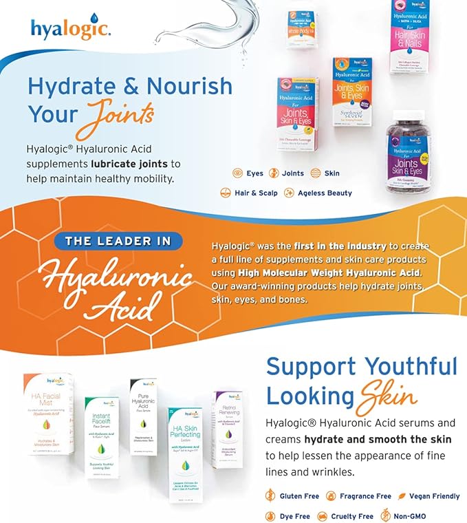 Hyalogic Synthovial Seven Hyaluronic Acid Liquid &amp Resveratrol Capsules - HA Joint Support - Vegan - 1 oz