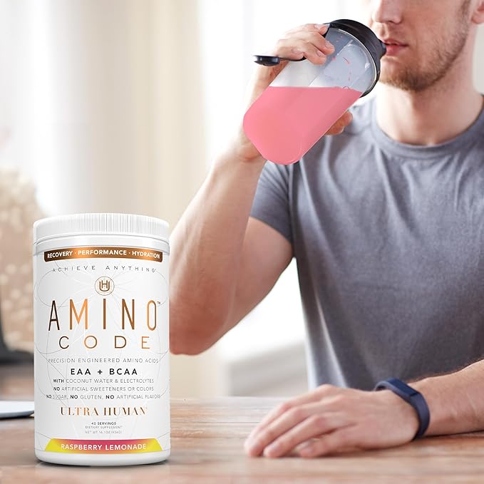 Ultra Human Amino Code | Essential Amino Acids + BCAAs + Coconut Water Electrolytes | Fast Hydration Amino Energy Powder Drink | 40 Servings - Raspberry Lemonade