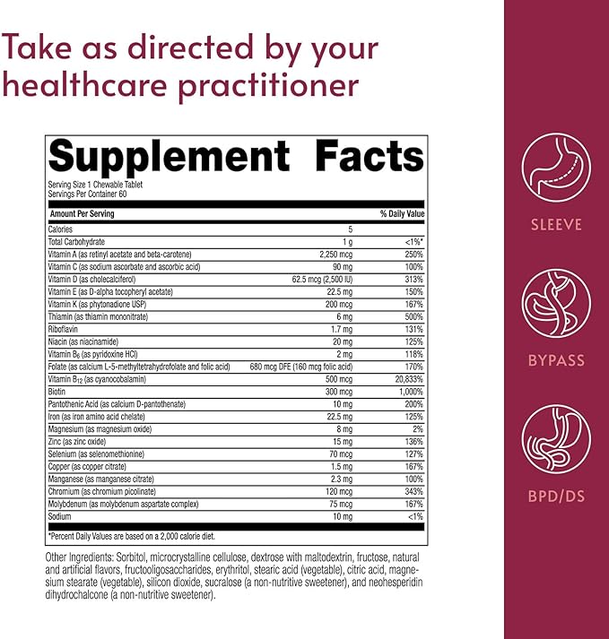 Bariatric Advantage Chewable High ADEK with Iron - for Bariatric Patients - High Potency Vitamin A D E &amp K - Includes B-Vitamins - Chewable Multivitamins - Tropical Fruit - 60 Count