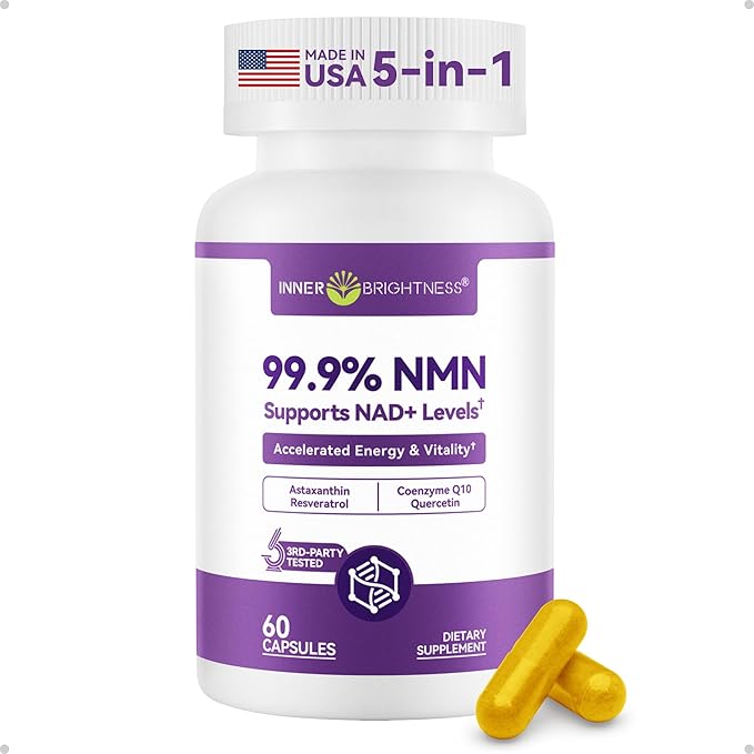Inner Brightness NMN Supplement 500mg 99.9% High Purity Supports NAD+ Levels &amp Cellular Energy 5-in-1 Formula with Resveratrol &amp Astaxanthin Non-GMO Gluten-Free 60 Capsules