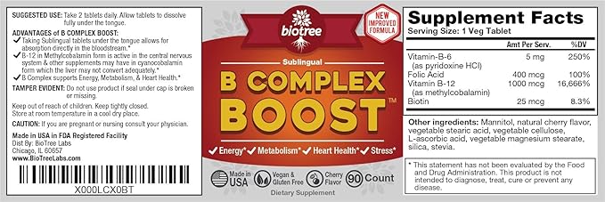 Vitamin B12 Sublingual B Complex Energy Pill B12 Methylcobalamin B6 Biotin &amp Folic Acid Natural Energy Supports Metabolism Heart Health &amp Stress Great Tasting Cherry Flavor! 100% Caffeine Free