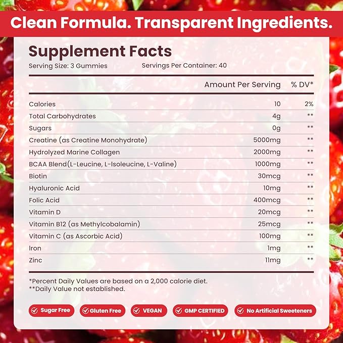 Creatine for WomenCreatine Monohydrate Gummies with Collagen+ BCAAs+Hyaluronic Acid+VitaminsC and b12Sugar FreeVeganSupplement for MuscleSkin Hair &amp Nail Support Mixed berry120 Counts