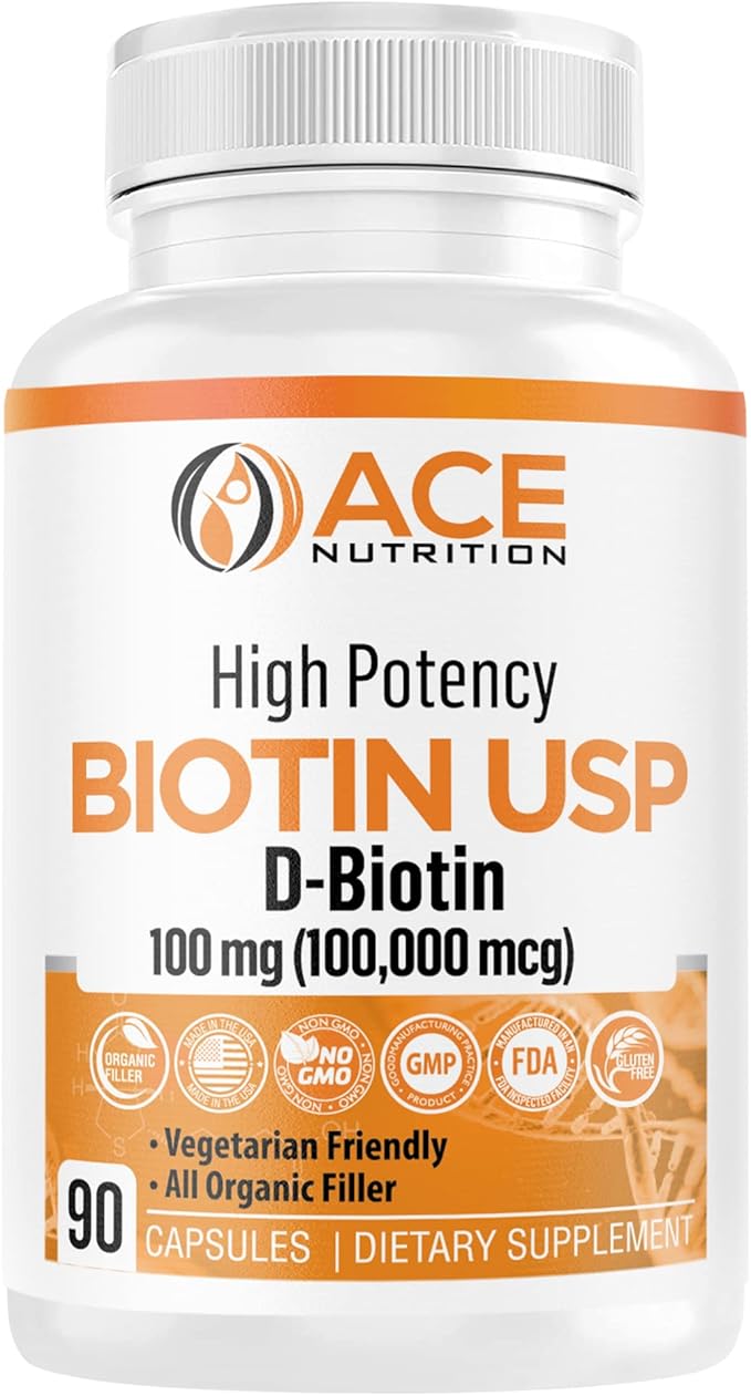High Potency Biotin USP (D-Biotin 100000mcg) - Superior Biotin Organic Rice Flour Vegetarian Capsules For Hair Skin &amp Myelin Health Made in the USA (100mg/90 Capsules)