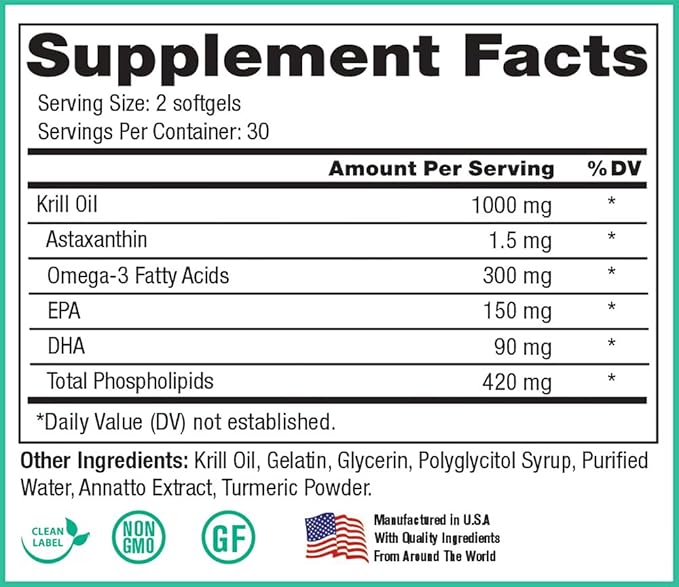 Peak Pure &amp Natural Peak Krill Oil Supplement - Better Than Fish Oil for Joint and Heart Health - Krill Oil Brain Supplement - EPA DHA and Astaxanthin - 60 softgels