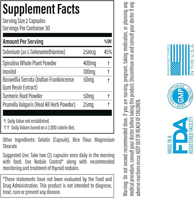 Nodule Control - Doctor Formulated Natural Thyroid Nodule Control Supports The Body to Help Reduce Thyroid Nodules -w/Spirulina Boswellia Turmeric Inositol Selenium Prunella