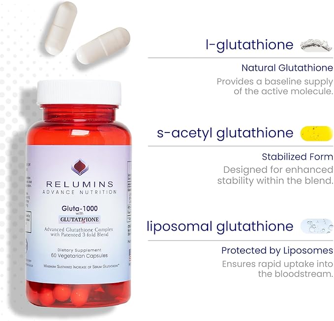 Relumins Advanced Patented Tri-Form Glutathione Complex 1000 mg — Fast-Absorb L-Glutathione S-Acetyl &amp Liposomal + Alpha-Lipoic Acid &amp Rose Hips - Made in USA