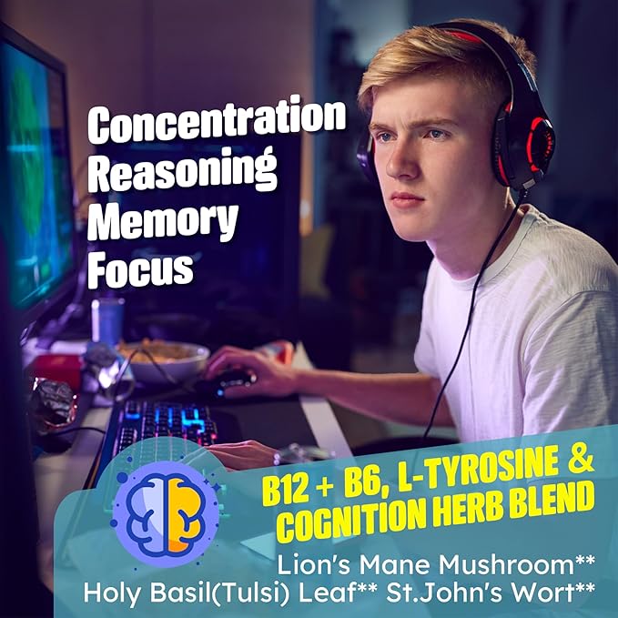 Focus Memory &amp Energy Gummies L-Tyrosine + Methyl B12 1000mcg B6 50mg D3 C Lion's Mane Mushroom for 15+ Students Office Worker Multivitamin Herb Blend for Seniors Brain &amp Cognition Su