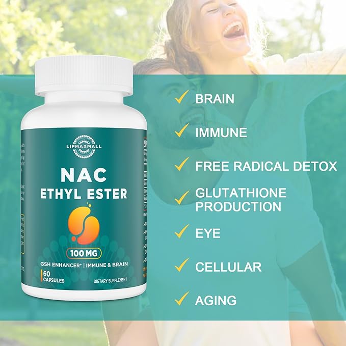 lipmaxmall N-Acetyl Cysteine Ethyl Ester 100mg-More Absorption Than 1000mg NAC-with Glycine 600mg-Benefit Glutathione-Good for Immune System &amp Antioxidant for AdultsNACET(60 Capsules-2 Pack)