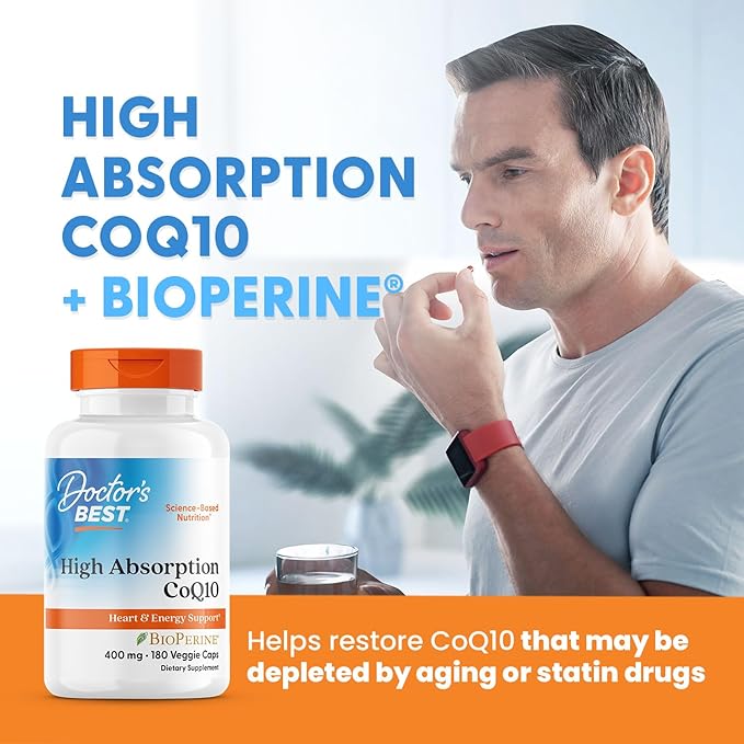 Doctor's Best High Absorption CoQ10 400mg with BioPerine Supplement - Coenzyme Q10 Caps for Heart Health &amp Antioxidant Support CoQ10 400 mg for Women &amp Men Non GMO - 180 Veg Capsules