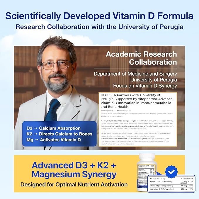 UBIOSKA Vitamin D3 K2 Magnesium Supplement – 5000 IU D3 + MK-7 K2 with 8-Form Magnesium (Glycinate Taurate Malate) for Calm Sleep Stress Relief Mood Balance &amp Strong Bones – 60 Capsules