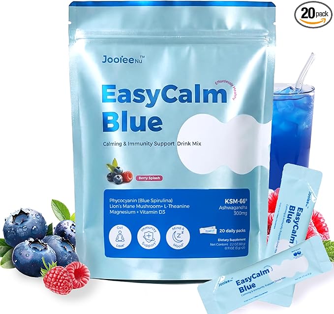 Easy Calm Blue - Calming Drink Mix with Magnesium KSM-66 Ashwagandha &amp Blue Spirulinac L-theanine Lion's Mane Mushroom GABA Vitamin D3 Supports Cortisol Balance Mood Sleep