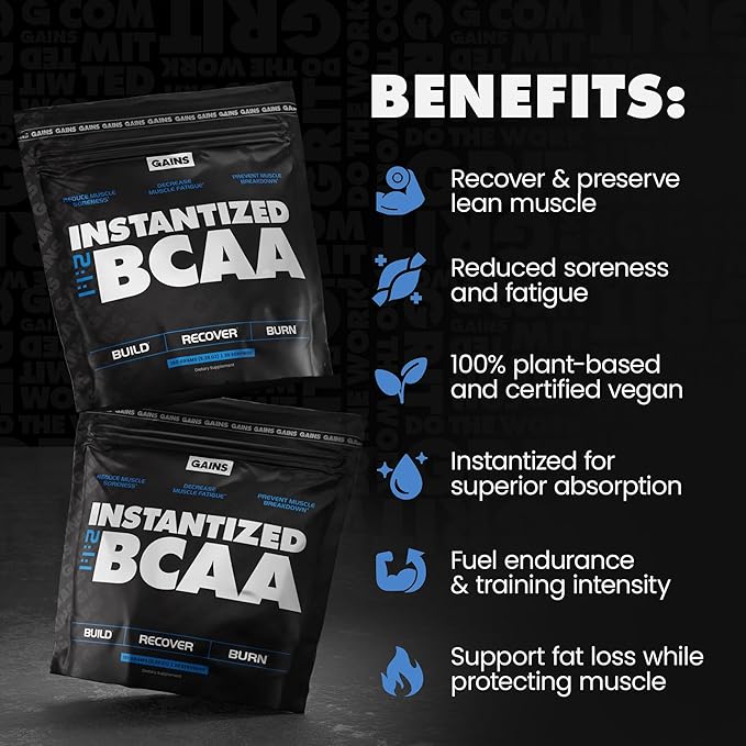 Gains in Bulk BCAA Powder Pre Workout Plant Based Branch Chain Amino Acids Gluten Free Vegan Supplement with Keratin for Endurance &amp Strength During &amp Post Workout Unflavored 90 Servings
