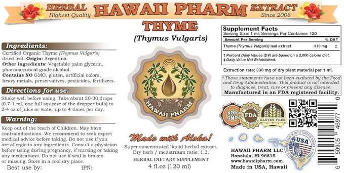 Hawaii Pharm Thyme (Thymus vulgaris) Liquid Extract 4x4 fl.oz