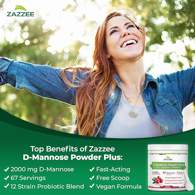 Zazzee D-Mannose Powder Plus 2000 mg 67 Servings Plus 5 Billion CFU Probiotics and Pure Cranberry Juice Extract Certified Kosher Free Scoop 6.67 oz Urinary Tract Support Non-GMO All-Natural