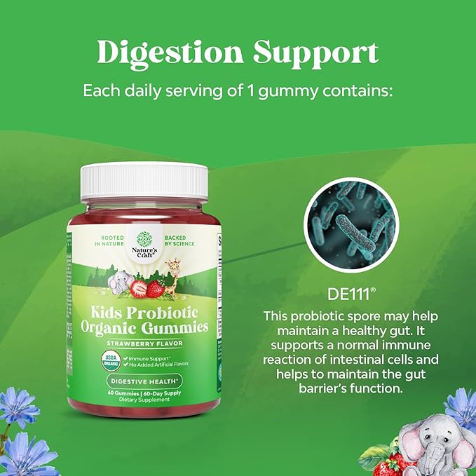 USDA Organic Kids Probiotic Gummies - Gut Bacteria Probiotics for Digestive Health &amp Stomach Relief - Gentle 2.5B CFU Kids Immune Support &amp Gut Heath Supplement - Vegan &amp Non-GMO Chews - 6