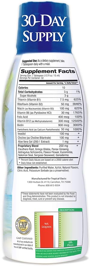 Premium Liquid B Complex Vitamin- Fast Absorbing Liquid B-Complex Supplement w/ all 8 B-vitamins PLUS energizing herbal blend w/ Ginseng Ginkgo and Eleuthero Root - Vegan NON-GMO - 16oz 32 Serv
