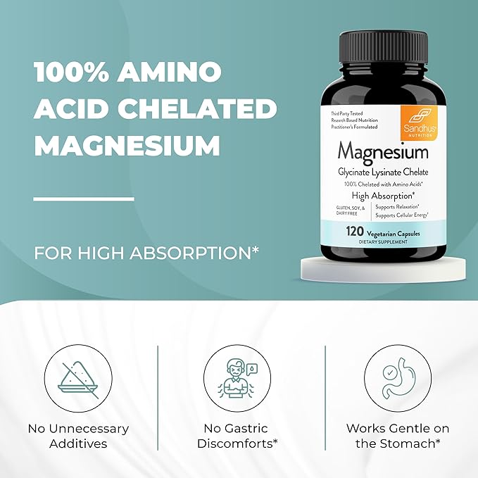 Sandhu's Magnesium Glycinate Lysinate | 120 Easy to Swallow Chelated Vegan Capsules | Magnesium Lysine Chelate Supplement for High Absorption | for Best Sleep Leg Cramps Relaxation