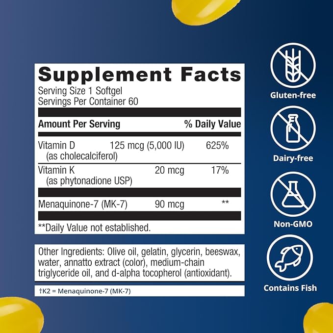 Metagenics Vitamin D3 + K - for Artery Health Immune Support Bone &amp Heart Health* - Vitamin D with MK-7 (Vitamin K2) - Non-GMO - Gluten-Free - 60 Softgels - 5000 IU