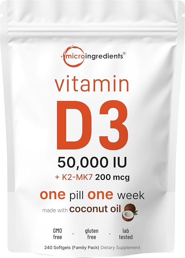 Micro Ingredients Vitamin D3 50000 IU + K2 MK-7 200 mcg 240 Softgels | Virgin Coconut Oil | 2-in-1 Support | Easy to Swallow Non-GMO