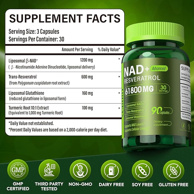 Liposomal NAD Supplement with Resveratrol 61800mg Per Bottle – NAD Resveratrol for Women &amp Men – High Purity 1200mg NAD+ Supplement for Energy &amp Healthy Aging Glutathione Turmeric – 90 Count