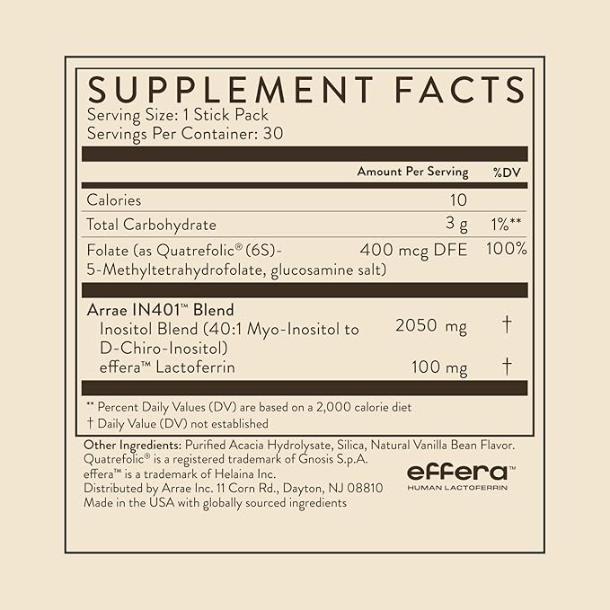 Arrae Inositol Supplement for Women - Supports Healthy Hormonal Balance Regular Cycles &amp Ovarian Health - 40:1 Myo &amp D-Chiro Raton with Lactoferrin &amp Folate - Vanilla Flavor - 30 Pack