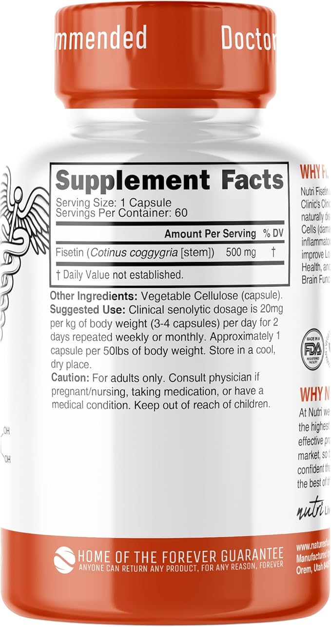 Nutri Fisetin 500mg 60 Count - Clinical Dosage - Fisetin Supplements - Powerful Senolytic Activator Antioxidant Heart &amp Brain Support - Natural Polyphenols - Capsules - 3rd Party Tested for Puri