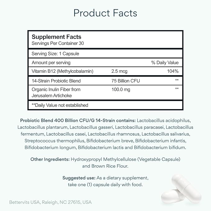 Bettervits Probiotics for Women &amp Men – 75 Billion CFU | Digestive Health and Gut Support Prebiotic | 14 Clinically Studied Strains with Vitamin B12 Lactobacillus and Inulin Fiber | 30 Capsules