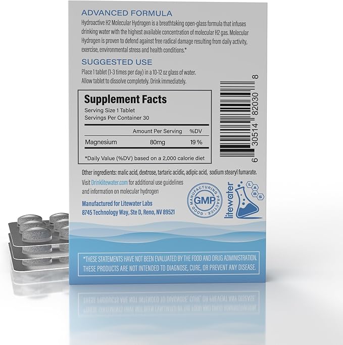 Hydroactive H2 Molecular Hydrogen Tablets by Litewater Labs 30 Count Deuterium Depleted 8-12 PPM for Optimal ATP Production Increased Strength Rapid Hydration Faster Recovery Superior Health