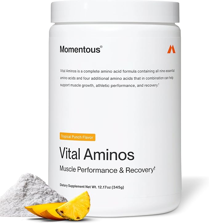 Momentous Vital Aminos Powder Supplement - BCAA &amp EAA - Tropical Punch - NSF Certified for Sport - GMO- &amp Gluten-Free - 30 Servings - Package May Vary