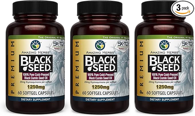 Amazing Herbs Premium Black Seed Oil Capsules - High Potency Cold Pressed Nigella Sativa Aids in Digestive Health Immune Support &amp Brain Function - 1250mg (60 Count Pack of 3)