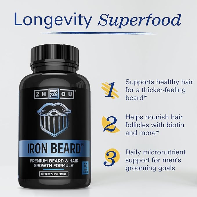 Zhou Iron Beard - Beard Growth Vitamins Men Premium Biotin Saw Palmetto &amp B Vitamin Pills to Support Facial Hair Beard Care Supplement for Full Beard - 60 Veggie Capsules