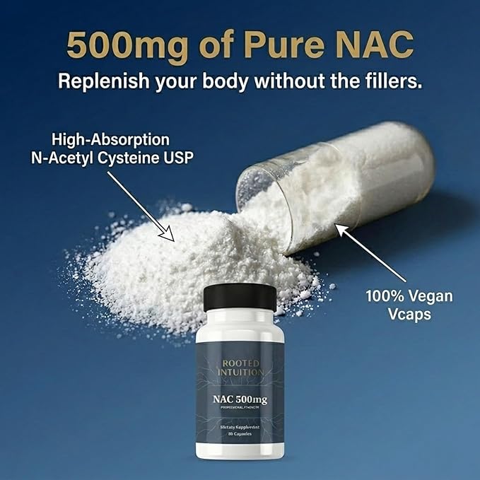 Rooted NAC Supplement 500mg | N-Acetyl L-Cysteine Capsules for Lung Health and Immune Support | Antioxidant Defense Glutathione Support Liver Detox Cellular Protection | 60 Count