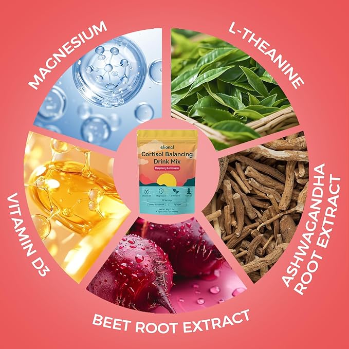 Cortisol Drink Mix with L Theanine Ashwagandha Magnesium &amp Vitamin D3– Helps Mental Clarity No Sugar Non GMO Raspberry Lemonade Flavor20 Packets
