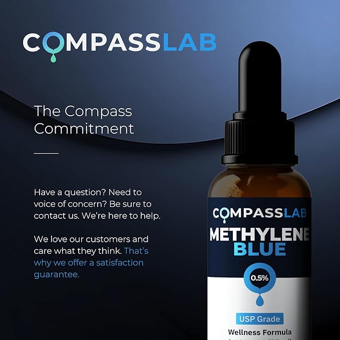 COMPASS LABORATORY Methylene Blue Pharmaceutical Grade USP Grade Third-Party Tested Dietary Supplement for Humans No Formaldehyde Made in USA (0.5% 50ml Bottle)