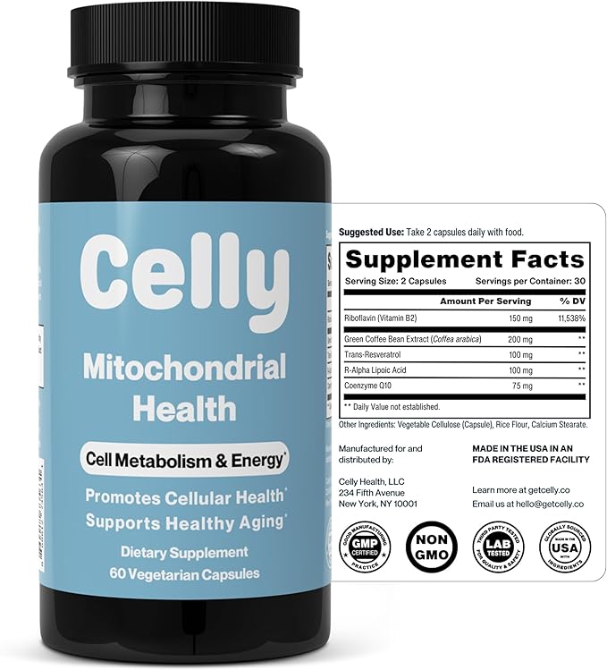 Celly Mitochondrial Health | Longevity Supplement for Cellular Nutrition and Healthy Aging | Promotes Mitochondria ATP Energy with CoQ10 Resveratrol &amp Green Coffee | Made in USA &amp 3rd Party T