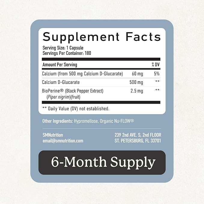 Calcium D-Glucarate | 500mg | CDG for Liver Detox and Cleanse Hormone Balance and Menopause Support | Calcium Supplement | Vegan Non-GMO &amp Third-Party Tested | 180 Capsules (6-Month Supply)