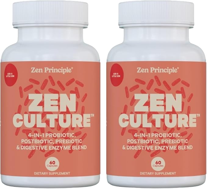 Zen Principle Zenculture™ – 4-in-1 Synbiotic Supplement (Probiotic + Prebiotic + Postbiotic + Digestive Enzymes) with CoreBiome®. Anti Bloating Immune &amp Brain-Gut Health. 120 Capsules