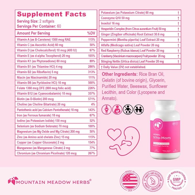 Mountain Meadow Herbal Vita-MOM Prenatal Vitamins – Herbal Supplement for Women with 5-MTHF Folate Iron Multivitamins &amp Organic Herbs – 120 Softgels (2-Month Supply)